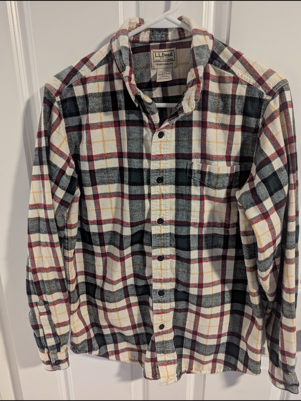 L.L. Bean Men's Plaid Button-Down Shirt - Cream, Black & Burgundy Size S